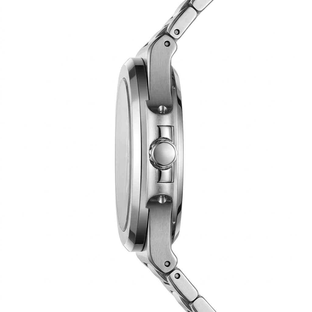 Close-up of a silver watch with a white background
