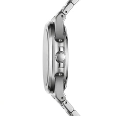 Close-up of a silver watch with a white background