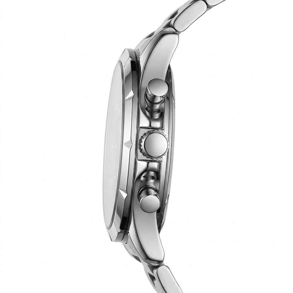 Close-up of a silver watch with detailed design on a white background