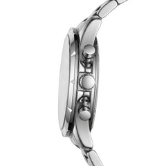 Close-up of a silver watch with detailed design on a white background