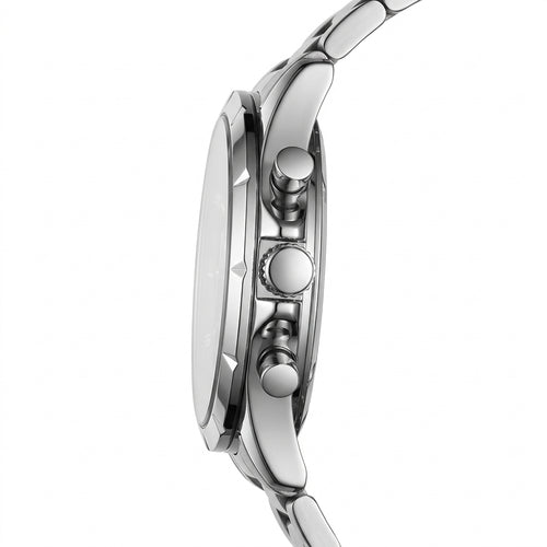 Close-up of a silver watch with detailed design on a white background