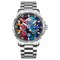 Colorful mechanical watch with a silver strap on a white background