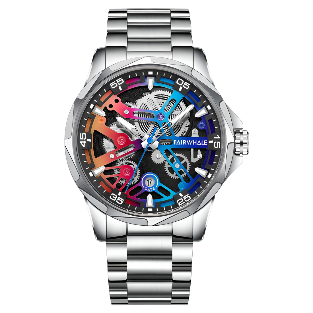 Colorful mechanical watch with a silver strap on a white background