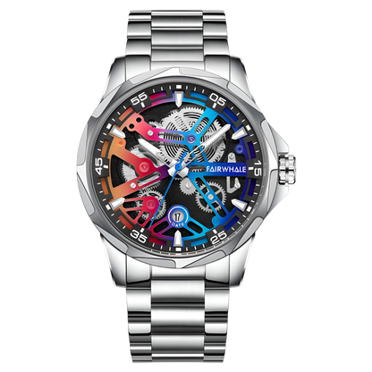 Colorful mechanical watch with a silver strap on a white background
