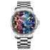 Colorful mechanical watch with a silver strap on a white background