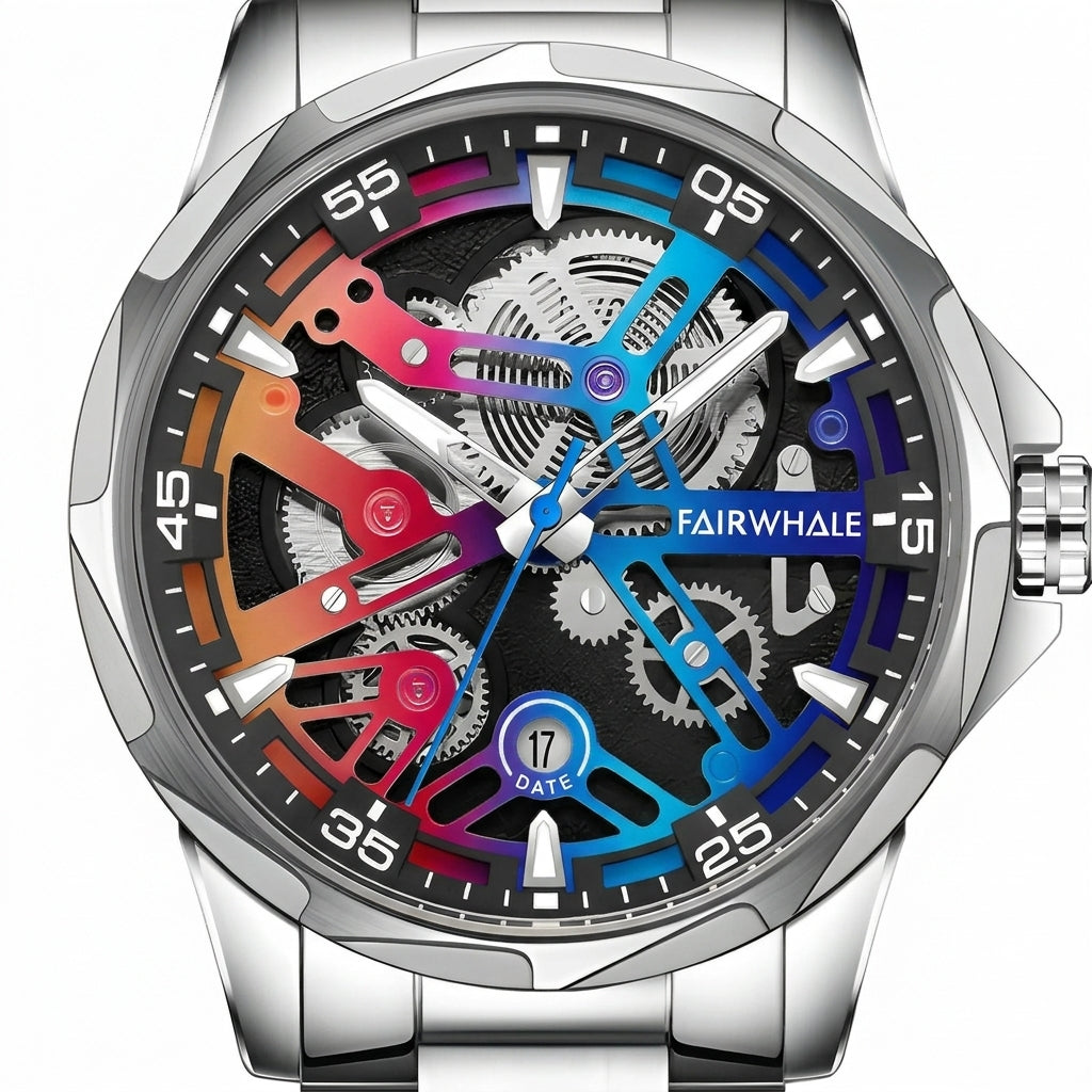 Colorful mechanical watch with visible brand name on a white background