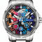 Colorful mechanical watch with visible brand name on a white background