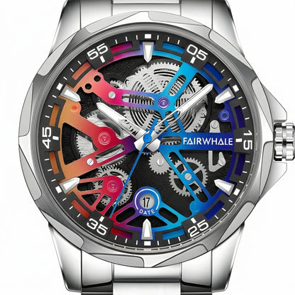 Colorful mechanical watch with visible brand name on a white background