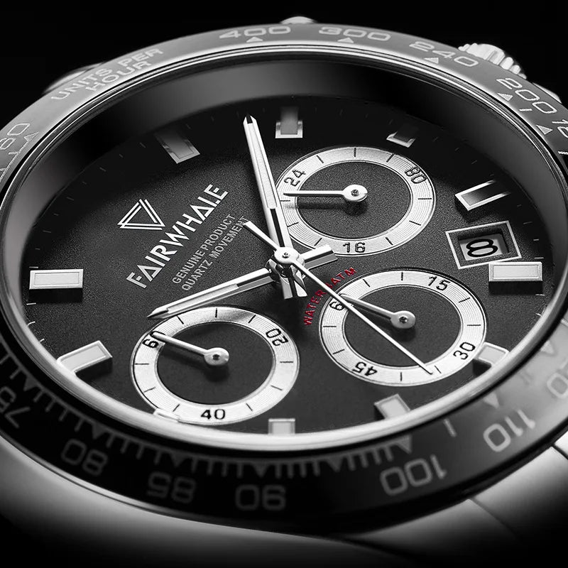 Detail shot of Mark Fairwhale ORIONIS chronograph dial with auto date and luminous hands