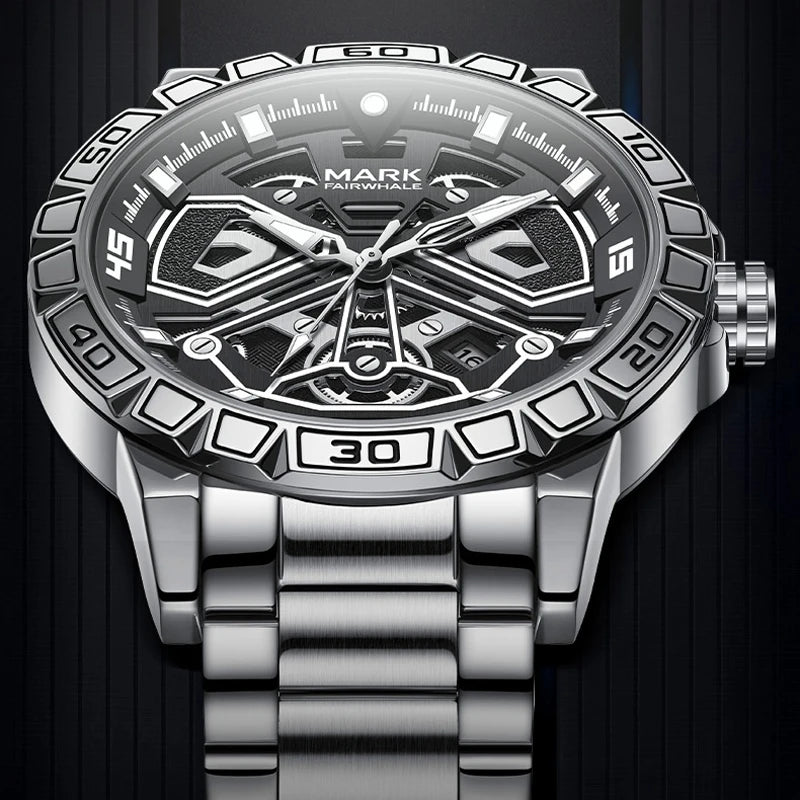 Detail view of Mark Fairwhale 5940 VELTORA skeleton-style dial with luminous hands