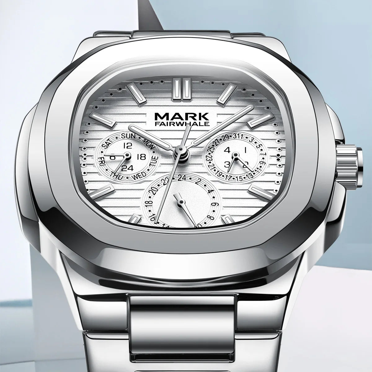 Detailed shot of Mark Fairwhale 5019 LUMENIX white dial with complete calendar and week display.
