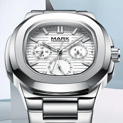 Detailed shot of Mark Fairwhale 5019 LUMENIX white dial with complete calendar and week display.