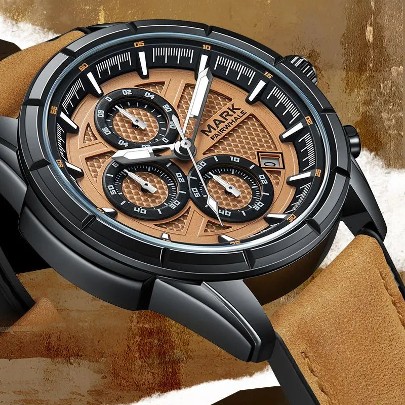 Detailed shot of Mark Fairwhale NOVANTOR chronograph luxury watch with brown dial