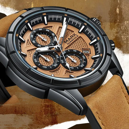 Detailed shot of Mark Fairwhale NOVANTOR chronograph luxury watch with brown dial