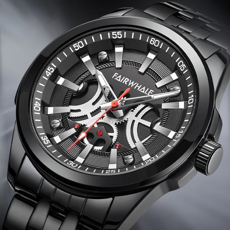 Detailed view of Mark Fairwhale CHRONIXA 5750 black stainless steel chronograph watch with red second hand