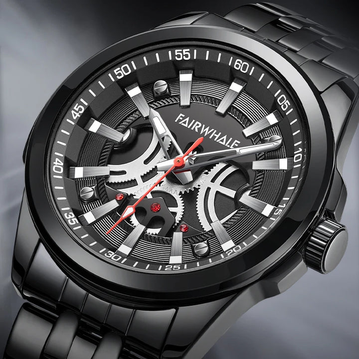 Detailed view of Mark Fairwhale CHRONIXA 5750 black stainless steel chronograph watch with red second hand