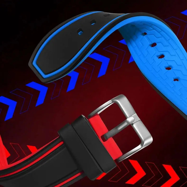 Durable silicone strap in red and blue for the Mark Fairwhale BLUORA 5540 men’s chronograph sports quartz wristwatch.