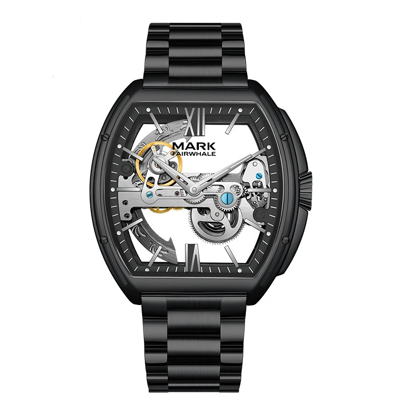 Full front view of the Fairwhale FW-6001 NOVARIS black skeleton automatic watch, combining modern case design with open mechanical artistry.