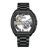 Full front view of the Fairwhale FW-6001 NOVARIS black skeleton automatic watch, combining modern case design with open mechanical artistry.