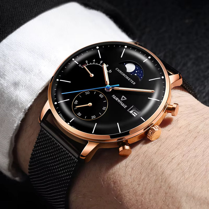 FW-5350 ASTRON moon phase chronograph black dial mesh watch worn with business suit