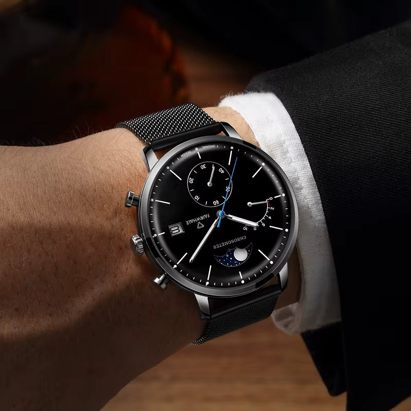 FW-5350 ASTRON quartz moon phase chronograph brown leather strap watch men fashion”