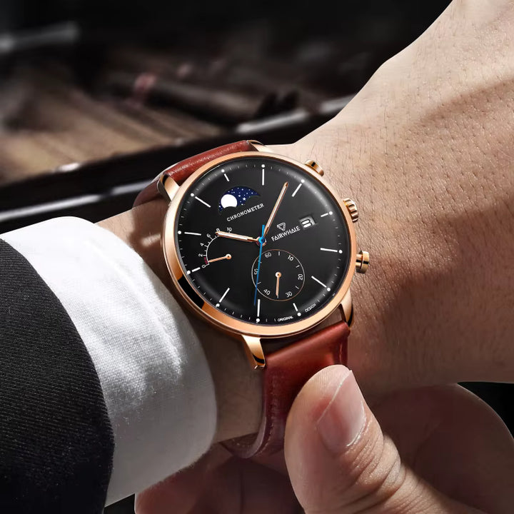 FW-5350 ASTRON quartz moon phase chronograph brown leather strap watch men fashion