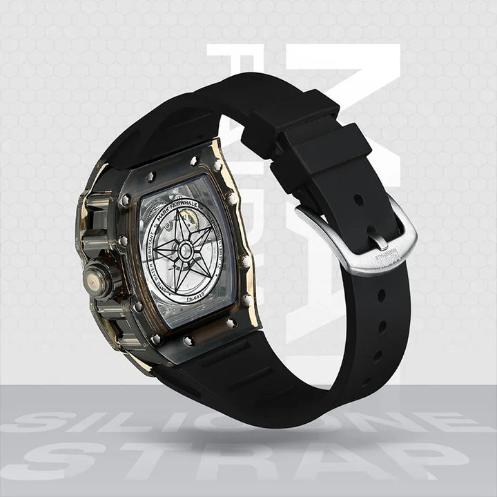 FW-6810 transparent case – back view with black silicone strap