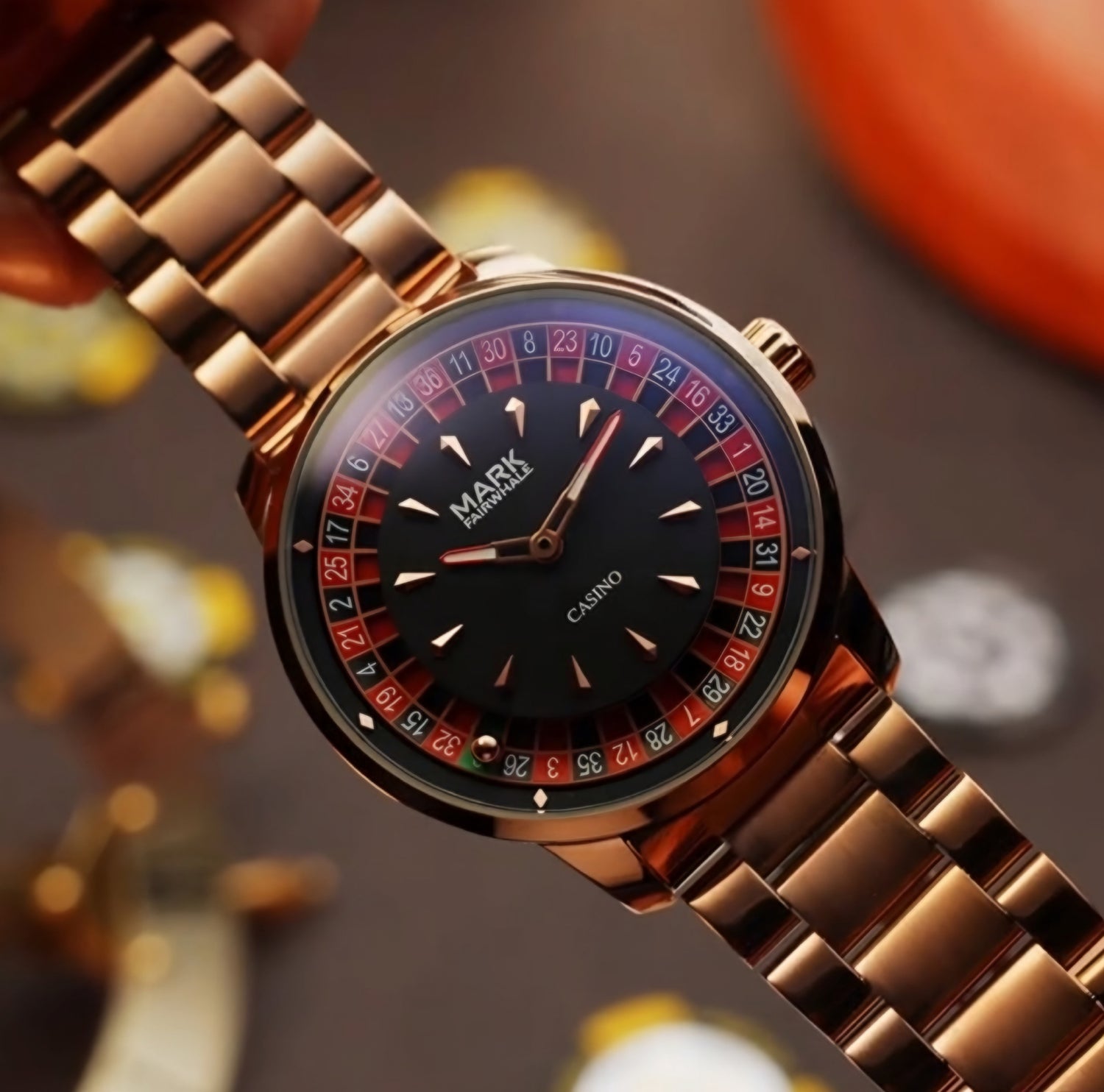 Mark Fairwhale 5031 CASINO luxury watch in rose gold with roulette-inspired dial design and stainless steel bracelet.