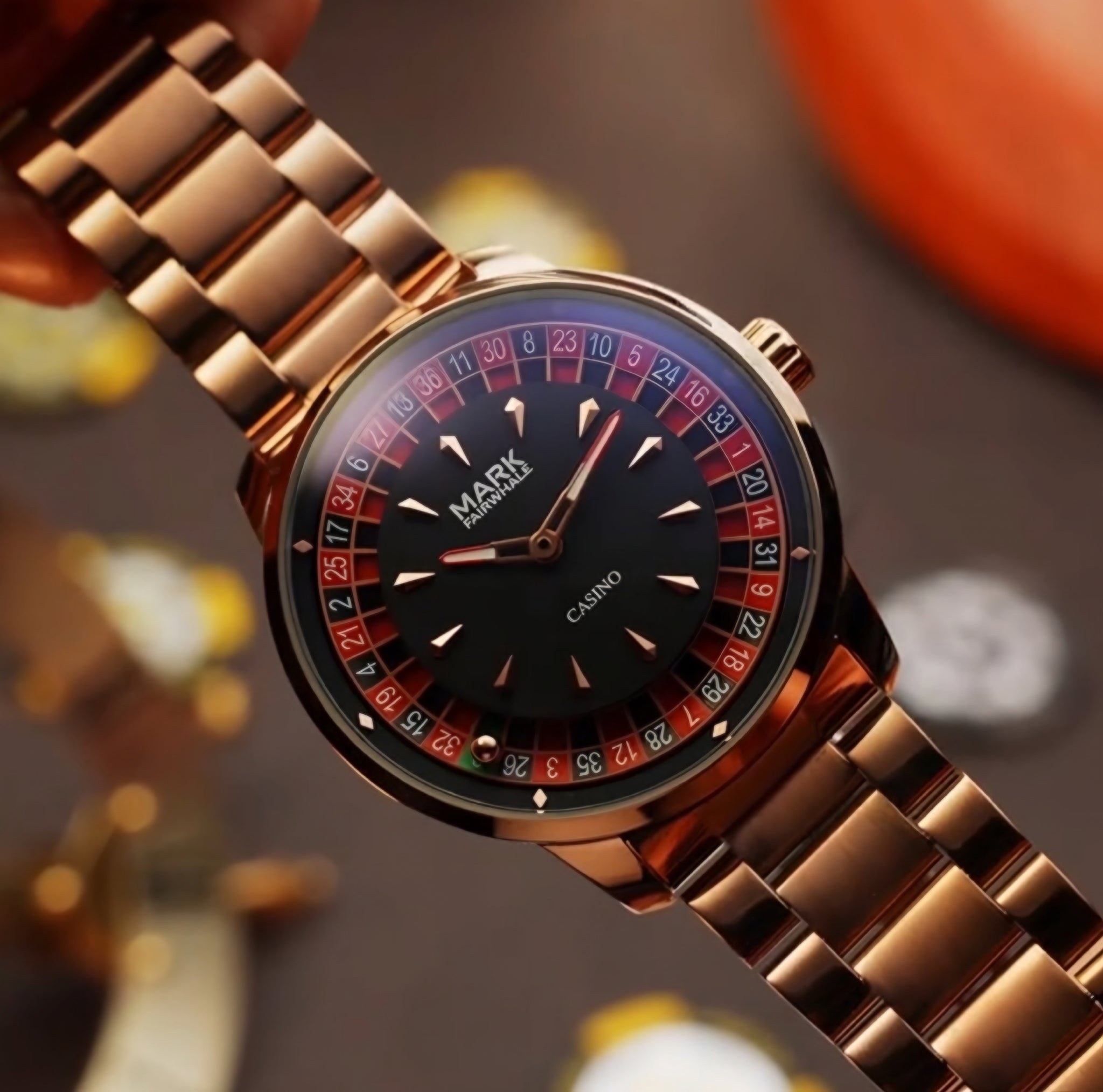 Mark Fairwhale 5031 CASINO luxury watch in rose gold with roulette-inspired dial design and stainless steel bracelet.