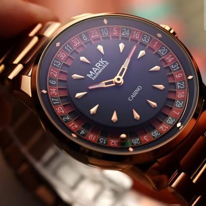 Close-up of the Mark Fairwhale 5031 CASINO men’s watch in rose gold, featuring roulette-style dial and elegant bracelet.
