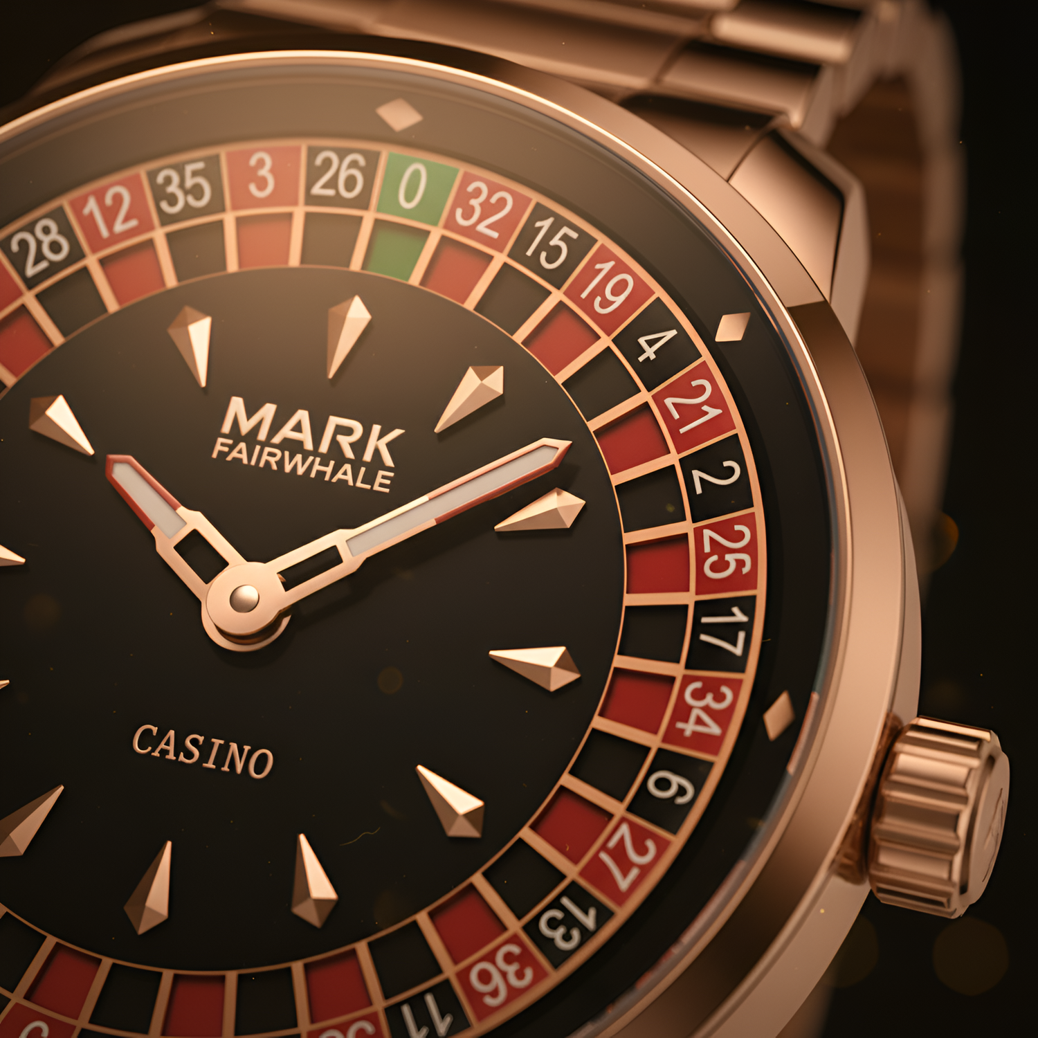 Close-up of the Mark Fairwhale 5031 ROULETTE men’s watch in rose gold, featuring roulette-style dial and elegant bracelet.