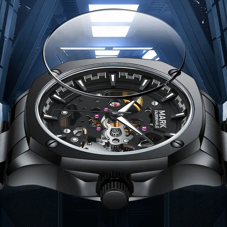 Close-up of the Mark Fairwhale FW-6940 AUREXIS skeleton watch with raised crystal, showing exposed gears and detailed open-worked design.