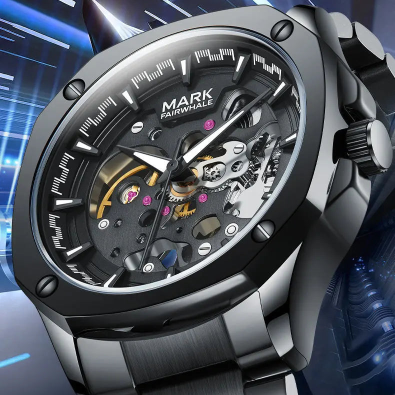 Side angle shot of the Mark Fairwhale FW-6940 AUREXIS skeleton automatic watch, highlighting its polished stainless steel case and open dial.