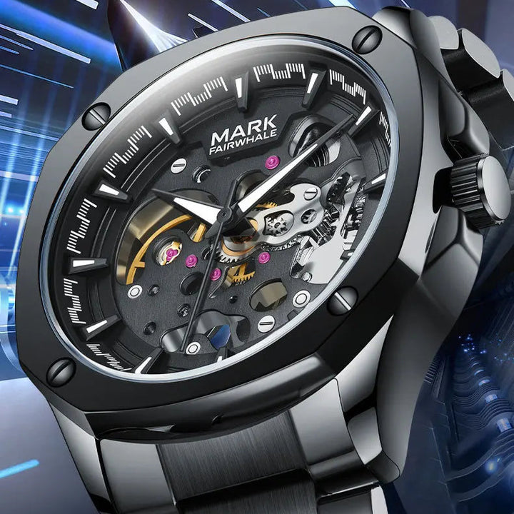Side angle shot of the Mark Fairwhale FW-6940 AUREXIS skeleton automatic watch, highlighting its polished stainless steel case and open dial.