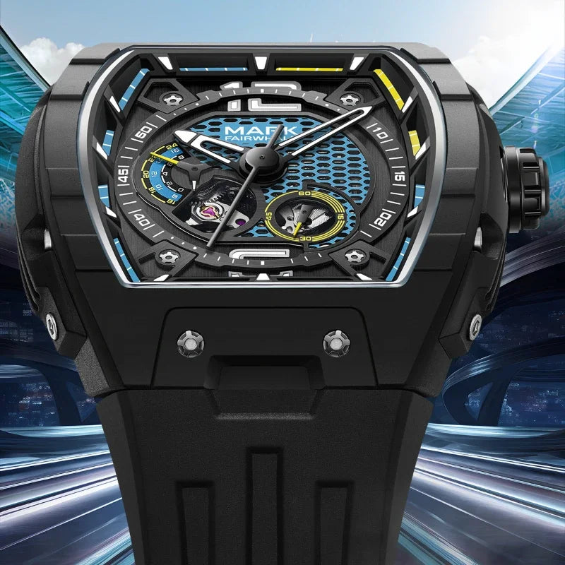Front shot of the Fairwhale 6002 VANTROX black skeleton tourbillon automatic watch with silicone strap.