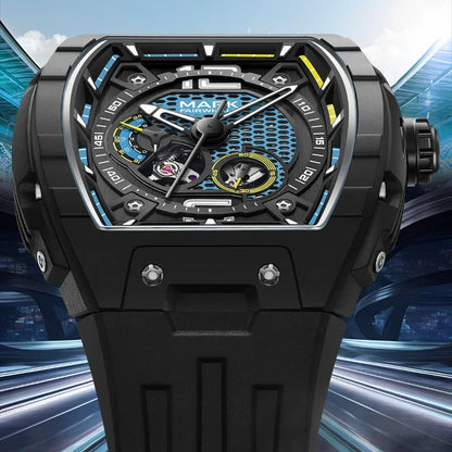 Front shot of the Fairwhale 6002 VANTROX black skeleton tourbillon automatic watch with silicone strap.
