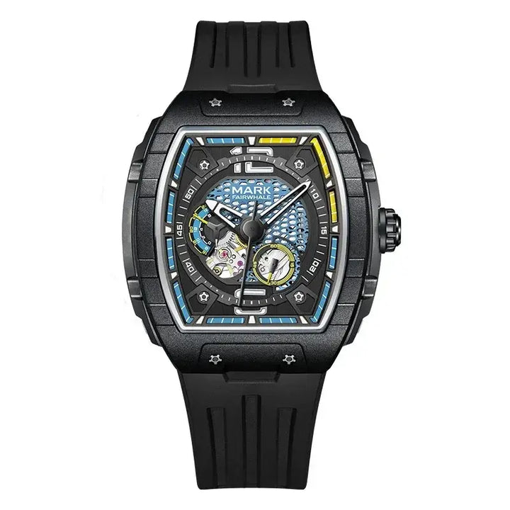 Front view of the Fairwhale 6002 VANTROX black skeleton tourbillon automatic watch with luminous dial.