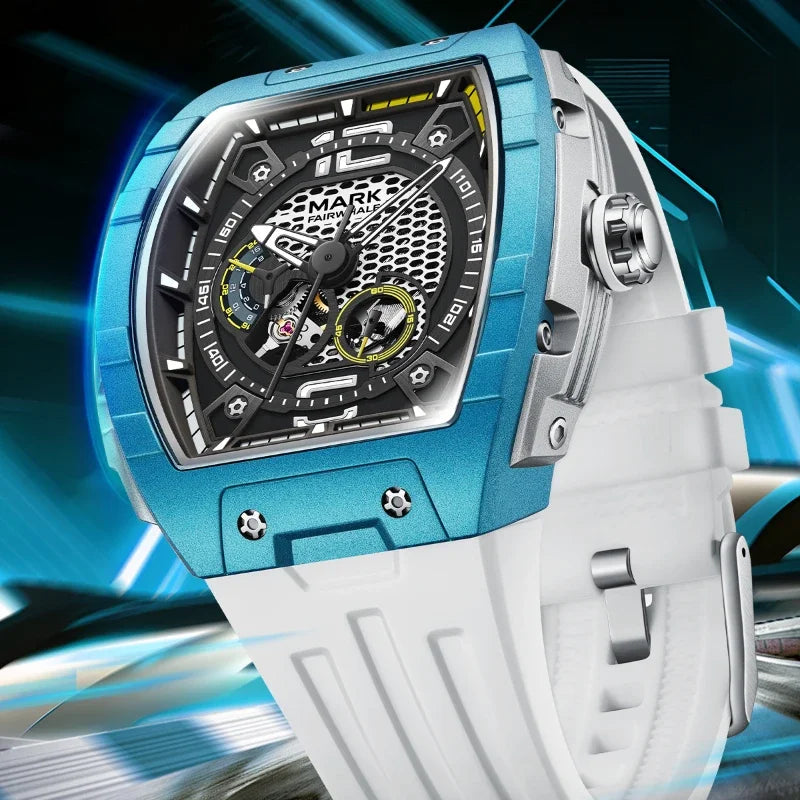Side angle of the Fairwhale 6002 VANTROX men’s skeleton automatic watch in blue case with white silicone strap.