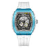 Front view of the Fairwhale 6002 VANTROX blue skeleton automatic watch with white silicone strap.