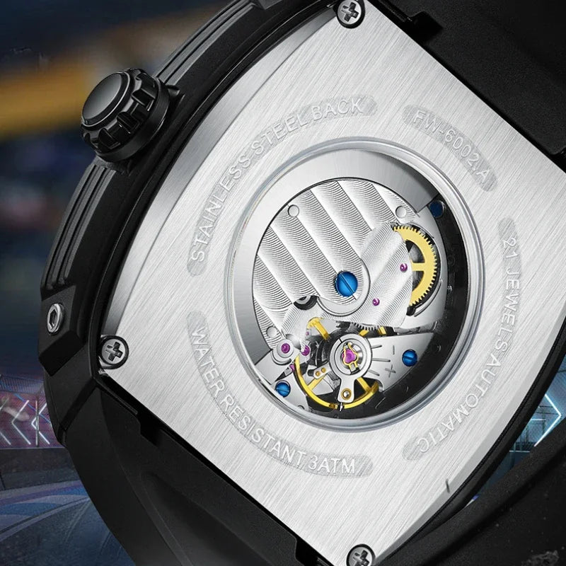 Transparent case back of the Fairwhale 6002 VANTROX skeleton automatic watch, revealing the 21-jewel movement.