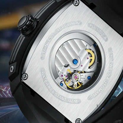 Transparent case back of the Fairwhale 6002 VANTROX skeleton automatic watch, revealing the 21-jewel movement.