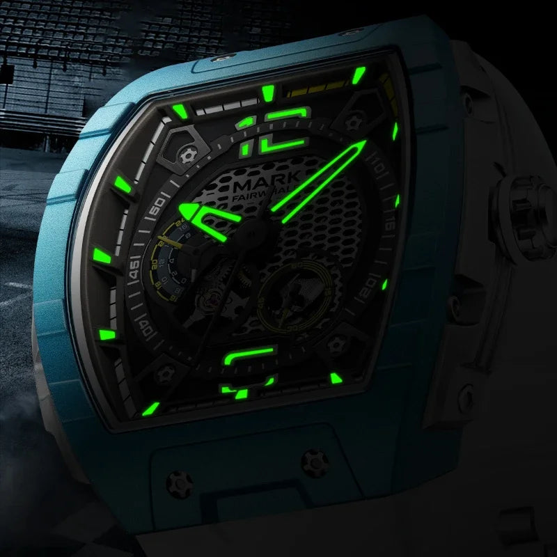 Night view of the Fairwhale 6002 VANTROX skeleton automatic watch with luminous green hands and markers