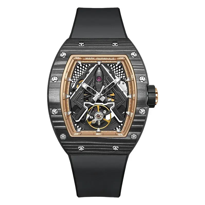 Front view of the Mark Fairwhale FW-6004 VYNTRO men’s skeleton tourbillon automatic watch with black fluororubber strap and carbon fiber case.