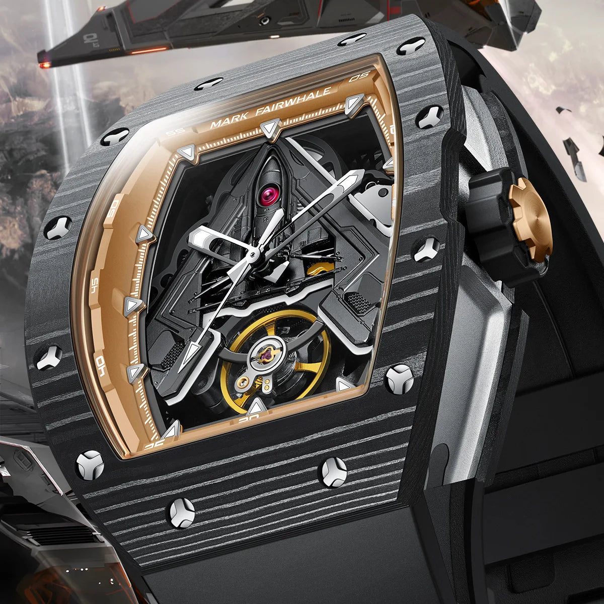 Mark Fairwhale FW-6004 VYNTRO skeleton tourbillon automatic watch in black and gold carbon fiber case with fluororubber strap.