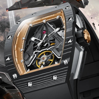 Mark Fairwhale FW-6004 VYNTRO skeleton tourbillon automatic watch in black and gold carbon fiber case with fluororubber strap.