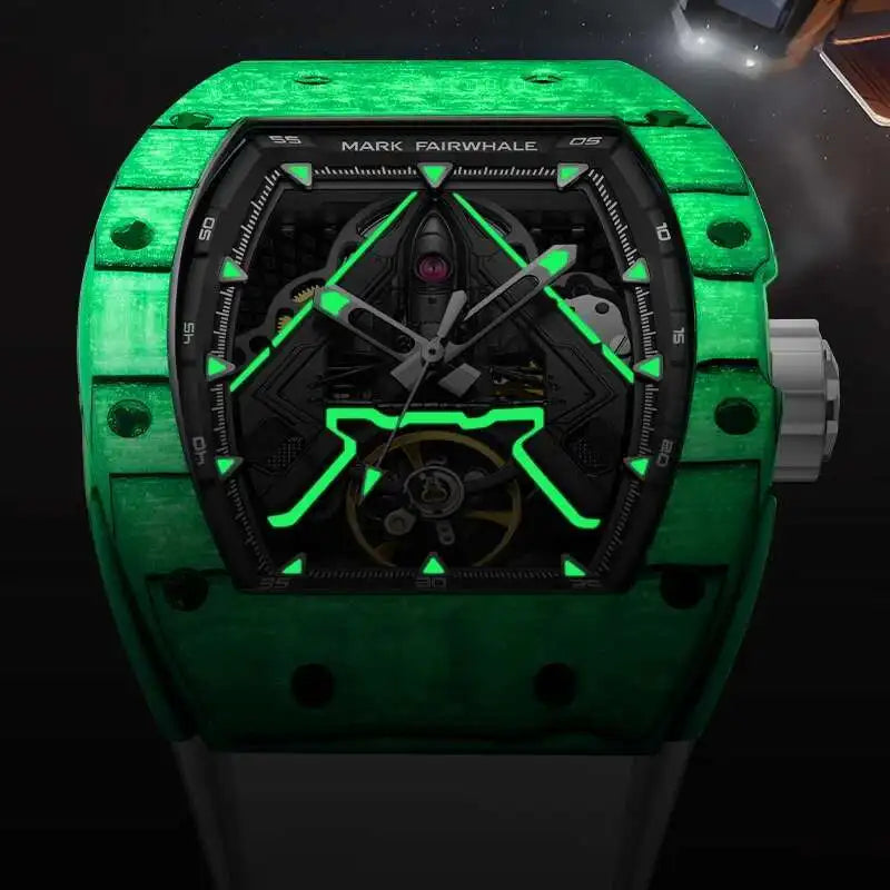 Mark Fairwhale FW-6004 VYNTRO men’s skeleton tourbillon automatic watch with luminous green hands, futuristic design, and carbon fiber case.