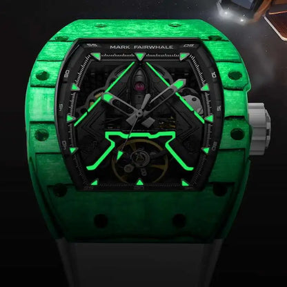 Mark Fairwhale FW-6004 VYNTRO men’s skeleton tourbillon automatic watch with luminous green hands, futuristic design, and carbon fiber case.