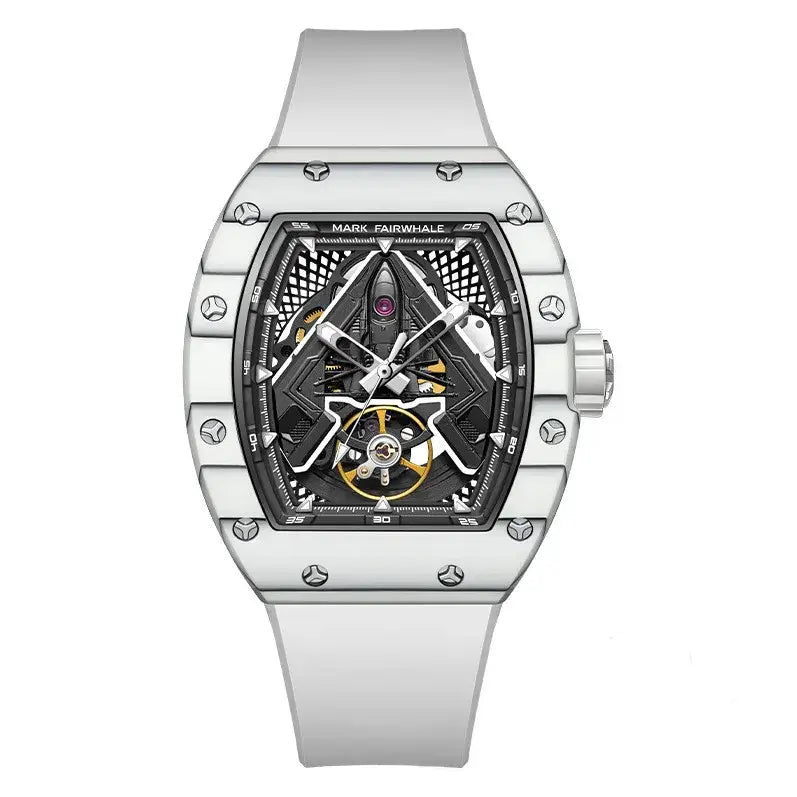 Mark Fairwhale FW-6004 VYNTRO white skeleton tourbillon automatic watch with carbon fiber case and white fluororubber strap.