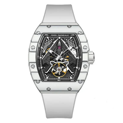 Mark Fairwhale FW-6004 VYNTRO white skeleton tourbillon automatic watch with carbon fiber case and white fluororubber strap.