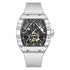 Mark Fairwhale FW-6004 VYNTRO white skeleton tourbillon automatic watch with carbon fiber case and white fluororubber strap.